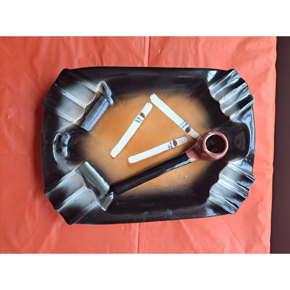Vintage Ceramic Ashtray with Pipe Rest‎ Retro Smoking Decor Tobacco Display